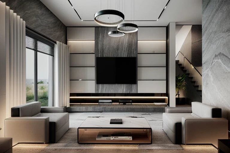 Interior living room, Modern style, grey tone, walling TV, marble flooring, indoor plants, realistic, photo taken by Fujifilm XT3