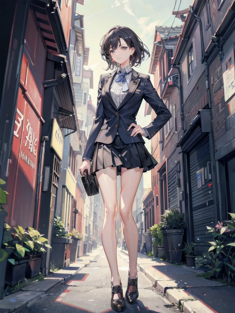 absurdres, RAW photo, extremely delicate and beautiful, masterpiece, Best Quality, ultra high resolution, 32k, hyper realistic, ultra-detailed, Very detailed CG 8k wallpaper, detailed background, landscape, Beautiful Lighting, Perfect Lightning, Realistic Shadows, perfect anatomy, anatomically correct, ideal ratio body proportions, perfect figure, Perfect Style, Perfect balance, super Detailed skin, in her 30s, very Slim body, narrow waist, very small head, very small face, delicate facial features, handsome detailed woman, very detailed eyes and face, realistic face proportions, Realistic beautiful face, Realistic beautiful eyes, tearful mole, earring, full body shot, whole body shot, very huge round tits, medium short hair, asymmetrical hair, wavy hair, full legs, whole legs, outdoor, business suit, blazer, skirt,