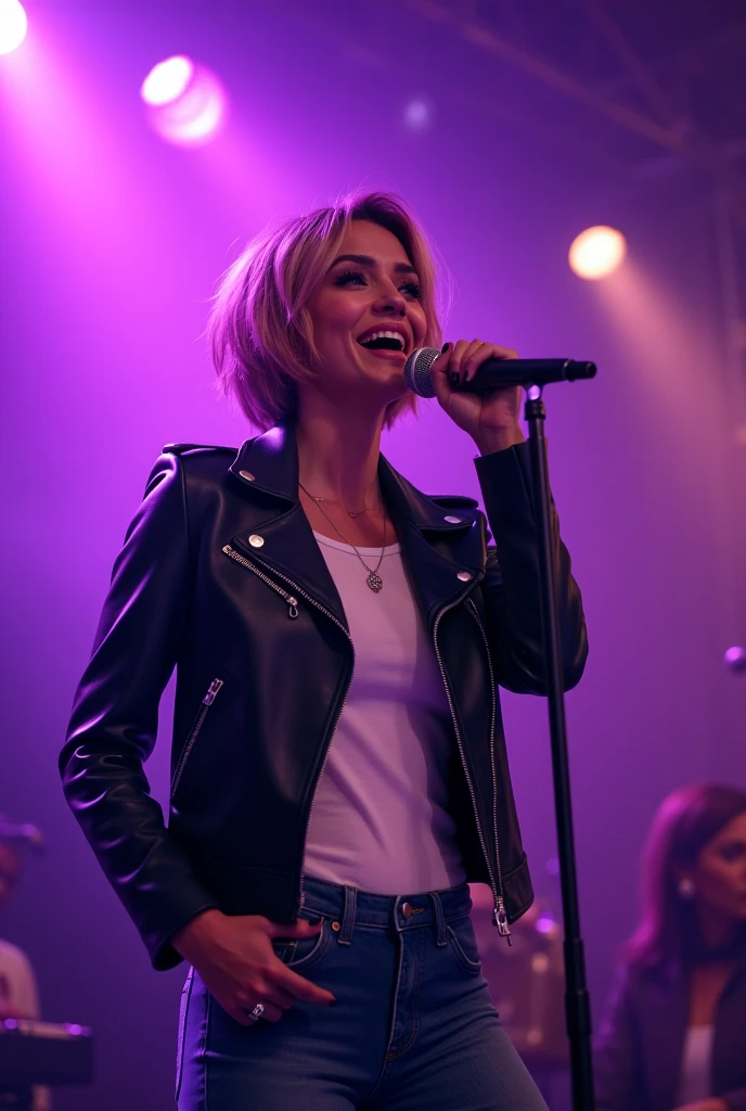 Beautiful woman short hair wearing leather jacket , white t-shirt and jeans, singing on the stage, purple spotlight on the background, karaoke party atmosphere