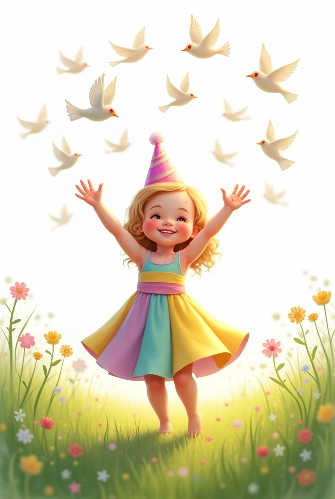 white background,Little baby girl,waring colorful party dress,stand on grass,rais her hands,flying little bird
