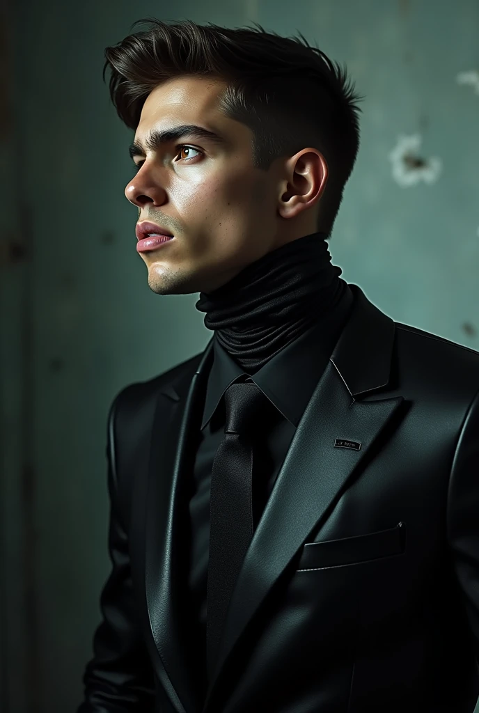 Alive necktie makes squeezed, deadly suffocation on the neck of a skinny, young guy, in black glossy men's suit