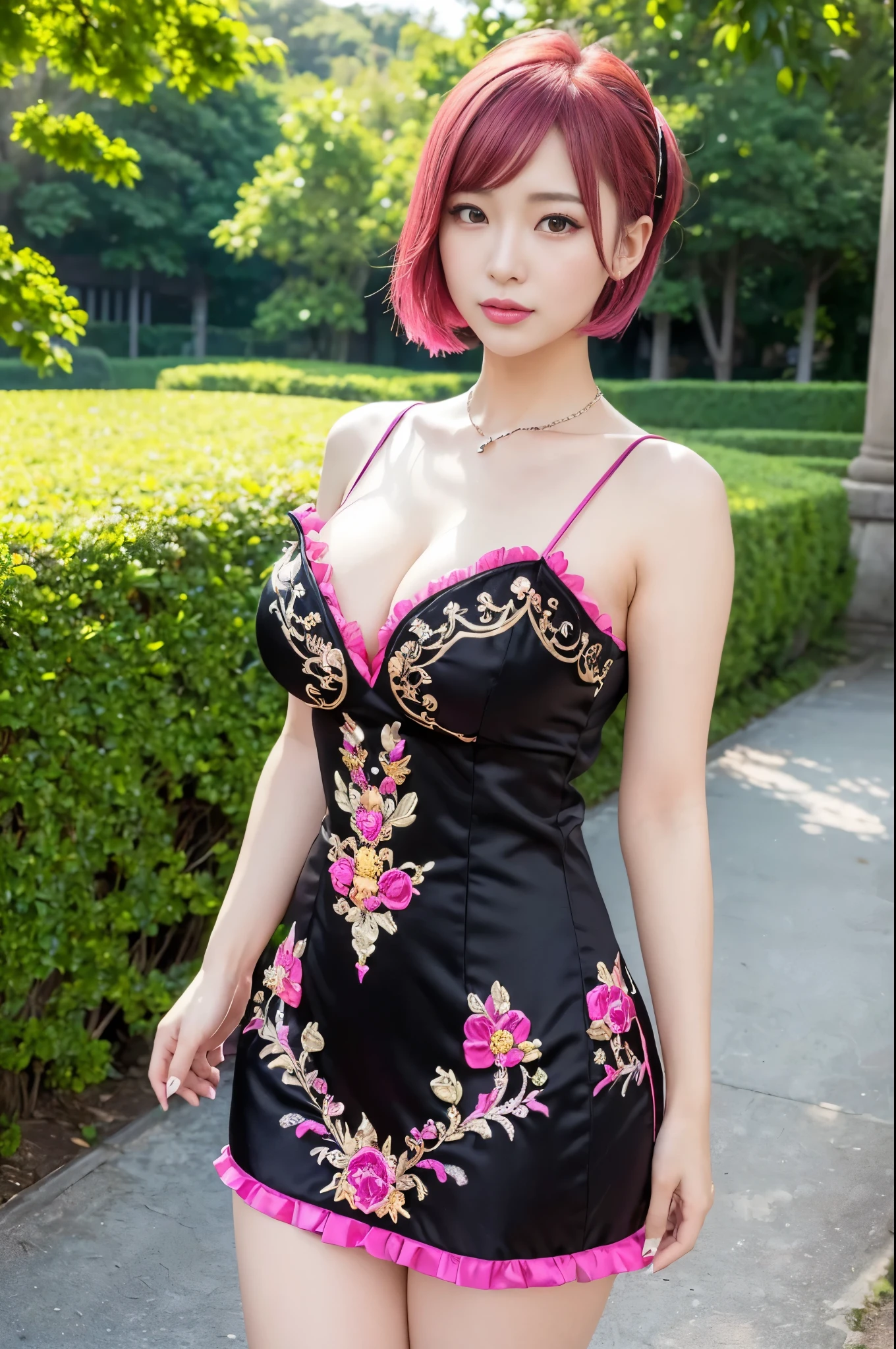 (masterpiece:1.4), (best quality:1.4), ultra high res, ultra high resolution, ((detailed facial features)), HDR, (realistic, photorealistic, photo-realistic:1.37), full body Esbian, sexy Vietnamese model, (-anime), vivid colors, ((vivid colors multicolor (red, pink, fuchsia) very short hair)), (sexy smile), lip-gloss, long lashes, defined eyebrows, wearing large sparkling colorful jewelery, wearing a red silk Paradise Kiss cosplay dress with black floral embroidery, ((vivid colors outfit)), vivid colors, look at the camera, cinematic light, large park background with trees, sweet and sexy pose