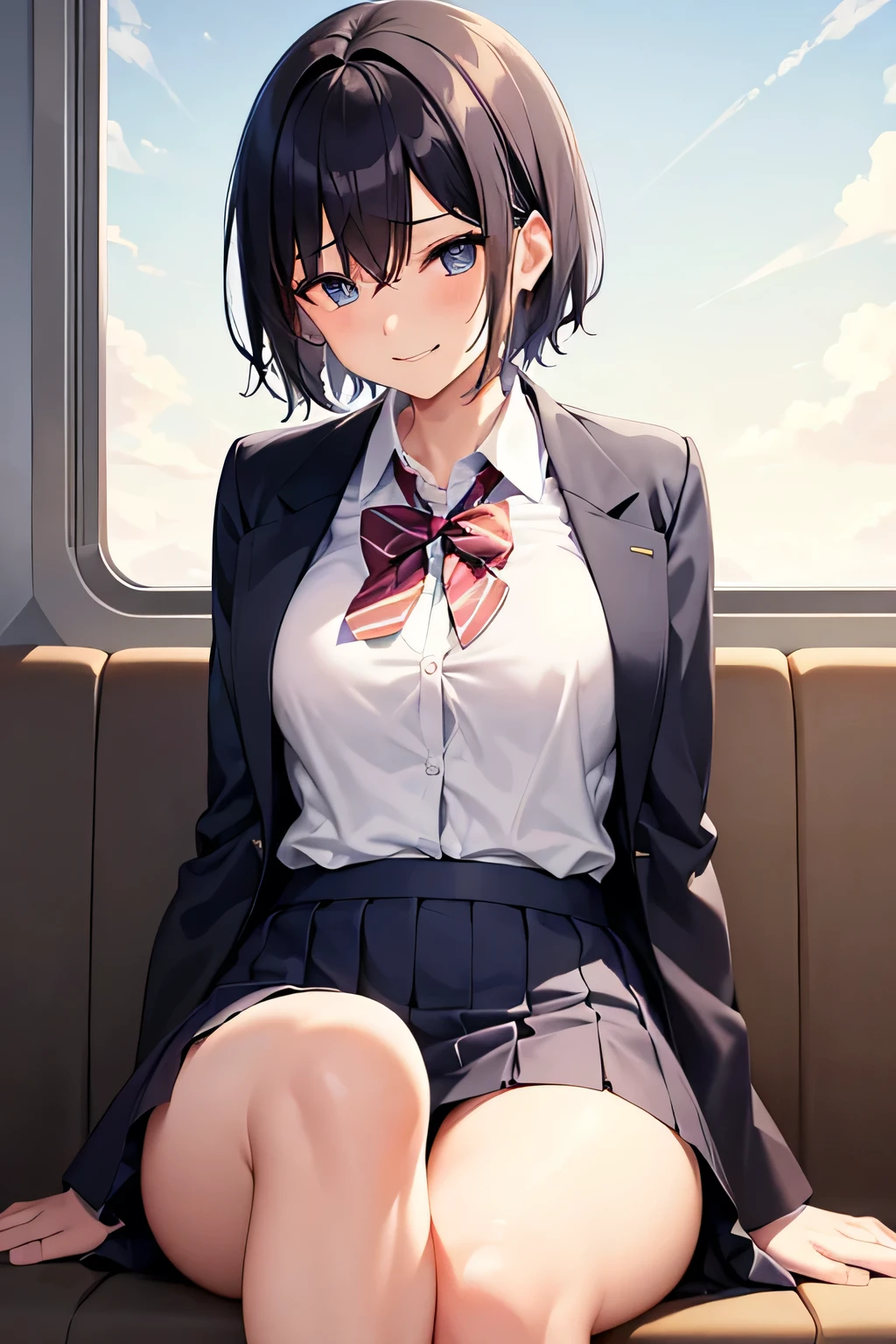 train,trainの中,high school student,High School Uniform,Uniformed,Sitting,Leg spread,Spreading legs,Looking forward,Normal milk,Normal boobs,Nipples are visible,Black Hair,Short Hair,Blue Eyes,Disheveled clothes,blush,smile,laughing,laughing顔,Look Away,Front viewStanding,Not looking at me,Looking away,Turn away,Thick thighs,Angle from below,Watch her from below