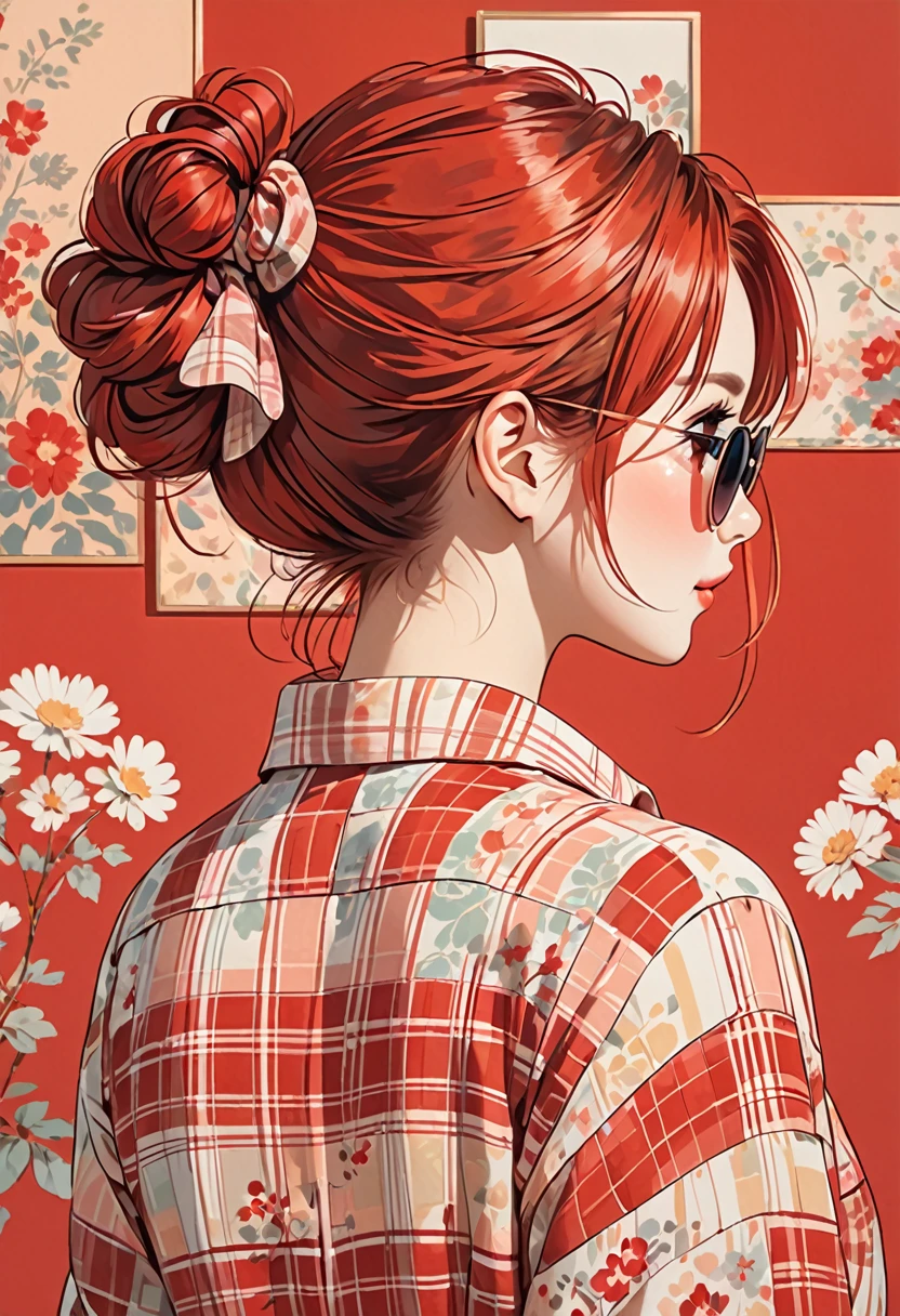 The image depicts an illustration of a person viewed from behind, featuring detailed and red hair tied up in a messy bun. The hair is adorned with small, decorative red hair ties. The person is wearing a plaid-patterned shirt with shades of red and cream. The art style is delicate and whimsical, capturing soft colors and gentle lines to create a warm and charming aesthetic.