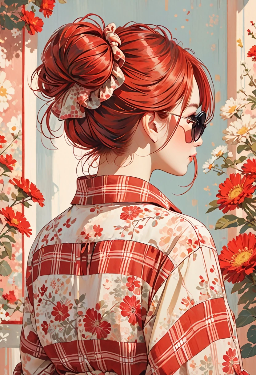 The image depicts an illustration of a person viewed from behind, featuring detailed and red hair tied up in a messy bun. The hair is adorned with small, decorative red hair ties. The person is wearing a plaid-patterned shirt with shades of red and cream. The art style is delicate and whimsical, capturing soft colors and gentle lines to create a warm and charming aesthetic.