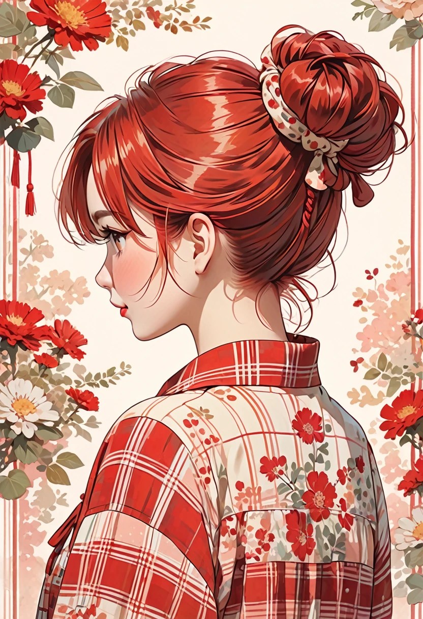 The image depicts an illustration of a person viewed from behind, featuring detailed and red hair tied up in a messy bun. The hair is adorned with small, decorative red hair ties. The person is wearing a plaid-patterned shirt with shades of red and cream. The art style is delicate and whimsical, capturing soft colors and gentle lines to create a warm and charming aesthetic.