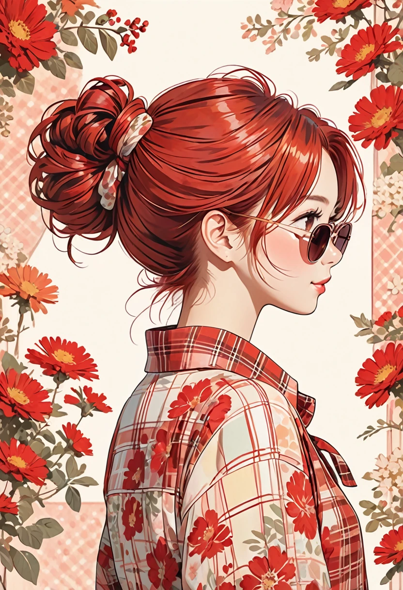 The image depicts an illustration of a person viewed from behind, featuring detailed and red hair tied up in a messy bun. The hair is adorned with small, decorative red hair ties. The person is wearing a plaid-patterned shirt with shades of red and cream. The art style is delicate and whimsical, capturing soft colors and gentle lines to create a warm and charming aesthetic.
