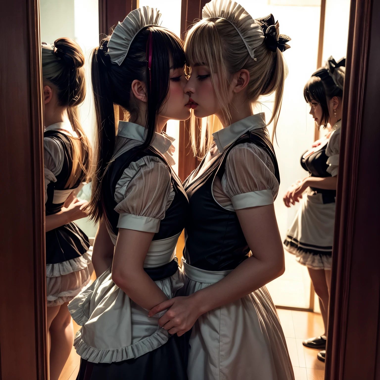 (Extremely Detailed((Kawaii Maid Group in a row:1.37))), Childish perfect face, Reflective Eyes, Detailed(Delicate Clothing textures), Dynamic Joyful Expressions LifeLike Rendering, (Specular Reflection:1.2), TopQuality 8K Ultra-detailed masterpiece (ProfessionalPhoto:1.37), (Acutance:0.8), (Luminism:1.28), (Renaissance art style), (Colorful Light particles:0.75), (Muscle:-0.5), ((Full body from side)), {SkirtLift|glossy floor|Kissing}, Radiant Fine Skin with Transparency, (Exposed:0.5), (anime character like hair colors1.35)
