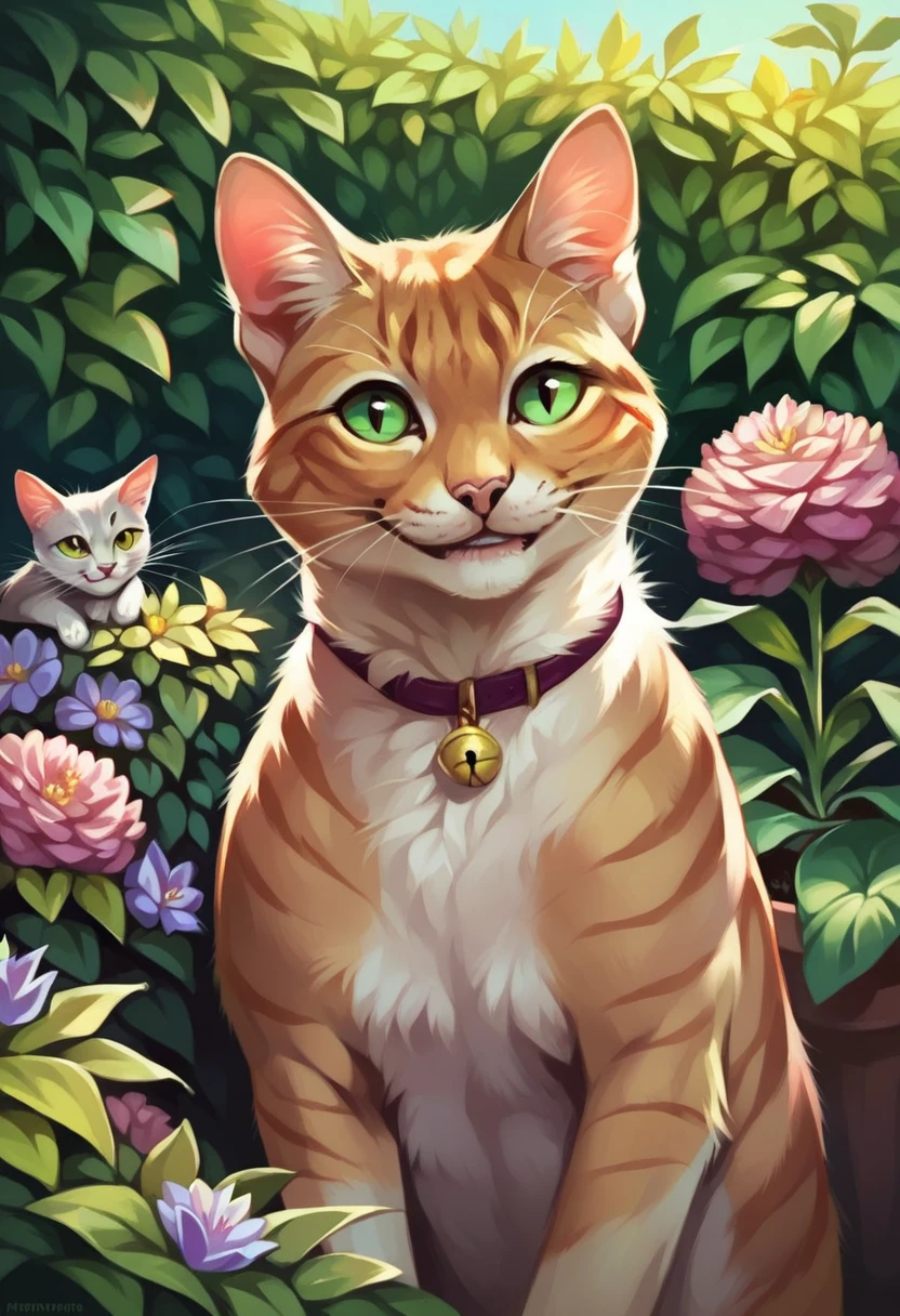 Highest quality,8k, masterpiece, (Realistic:1.2), (One person, Cat:1.2), (smile:1.3), (garden),