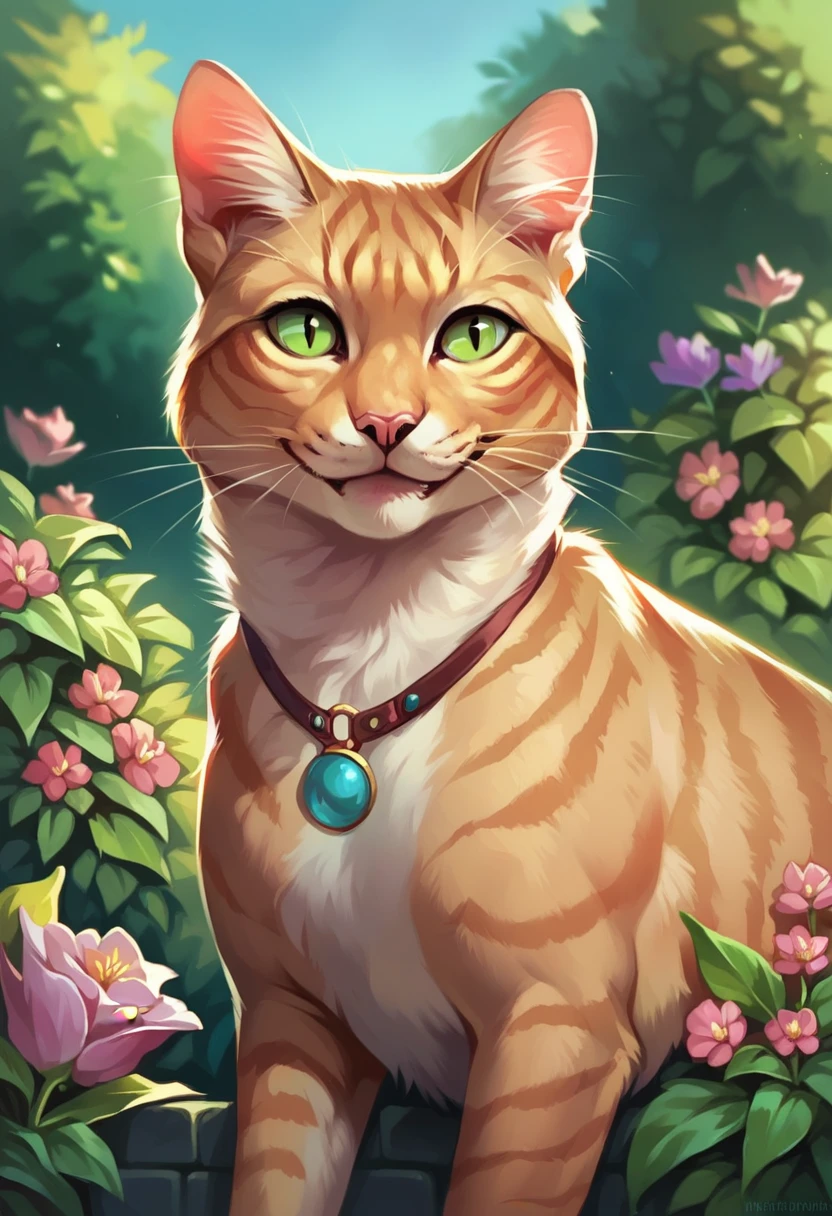 Highest quality,8k, masterpiece, (Realistic:1.2), (One person, Cat:1.2), (smile:1.3), (garden),