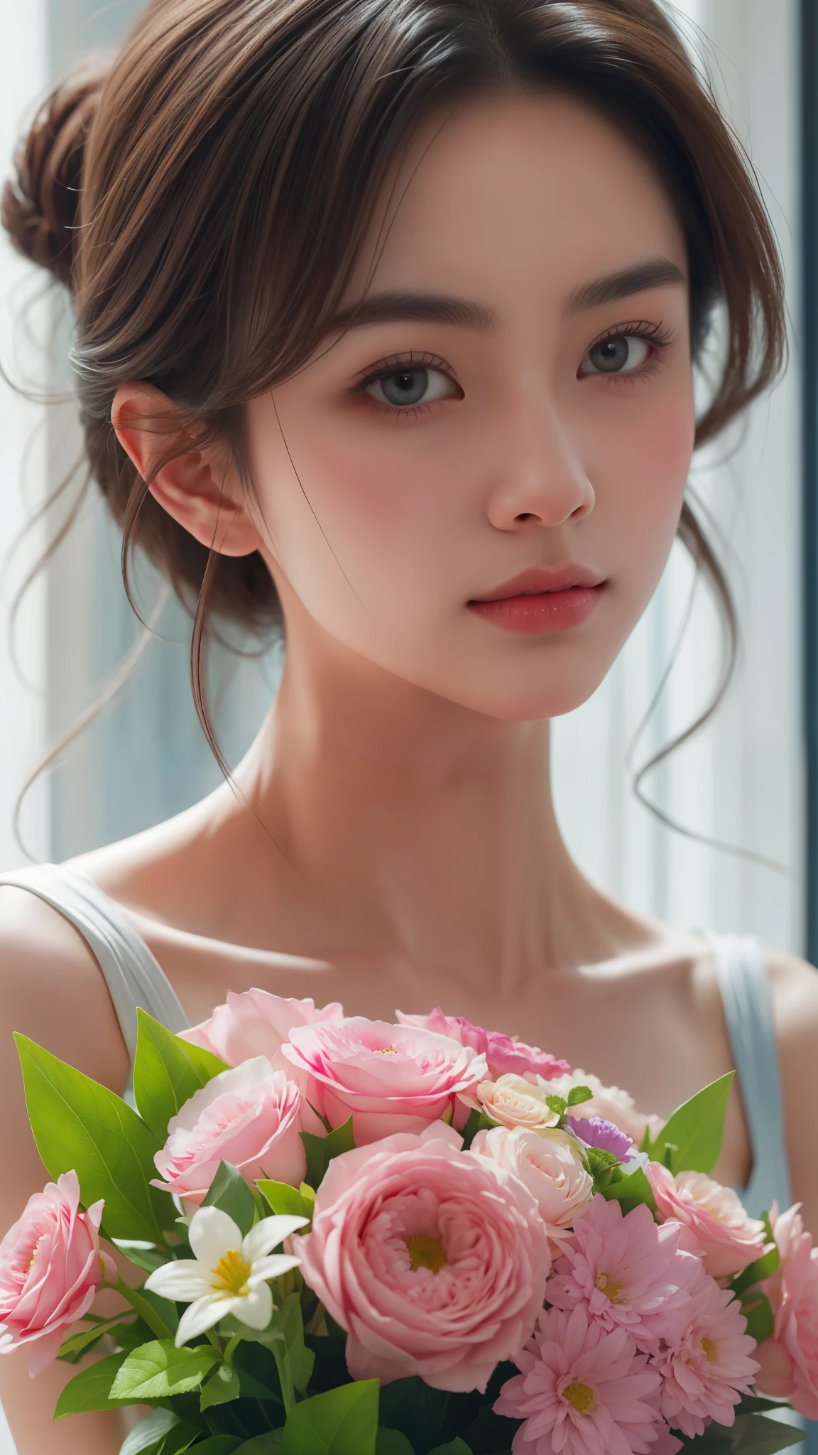 (masterpiece, best quality:1.2), solo, A stunning portrait close-up of a lady holding a bouquet of vibrant flowers, her kind and beautiful eyes gazing directly at the viewer. Rendered in exquisite detail with Schneider pastel inks, the soft and delicate strokes bring the image to life. The pastel colors add a touch of softness and the overall effect is simply breathtaking.