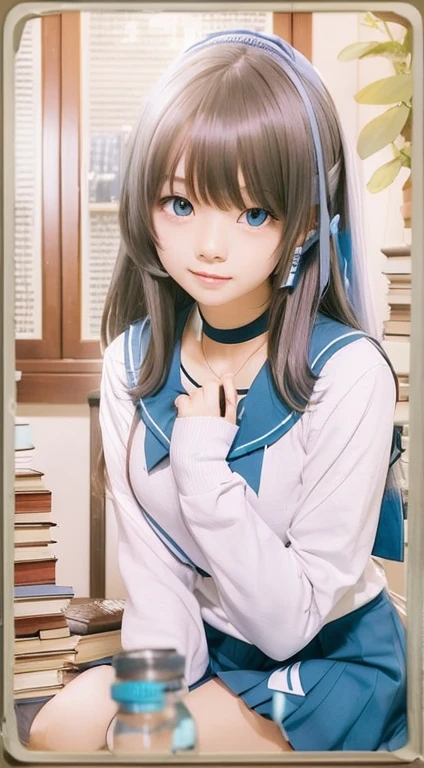 a cute girl with white and blue school uniform in a room surrounded by books