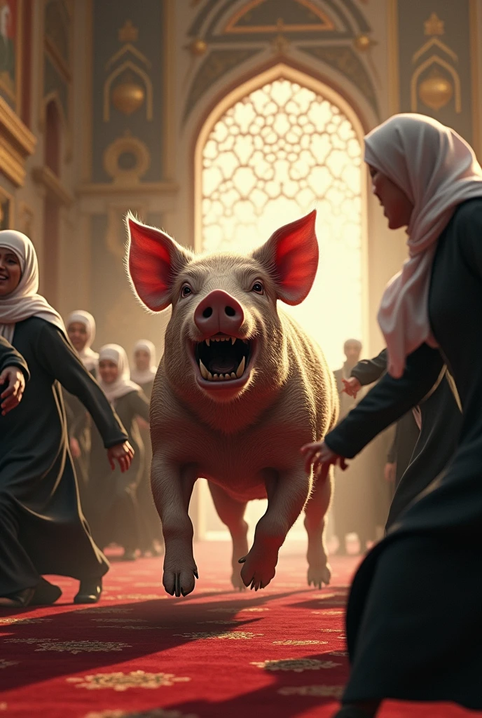 A pig invade mosque and Muslims run away There was a pig that crashed into the twin towers.