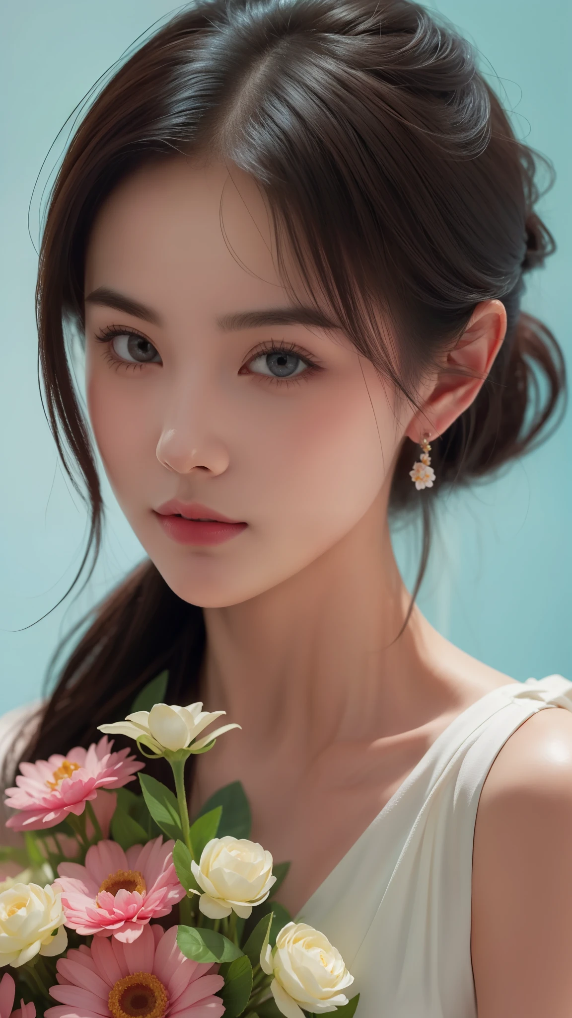 (masterpiece, best quality:1.2), solo, A stunning portrait close-up of a lady holding a bouquet of vibrant flowers, her kind and beautiful eyes gazing directly at the viewer. Rendered in exquisite detail with Schneider pastel inks, the soft and delicate strokes bring the image to life. The pastel colors add a touch of softness and the overall effect is simply breathtaking.