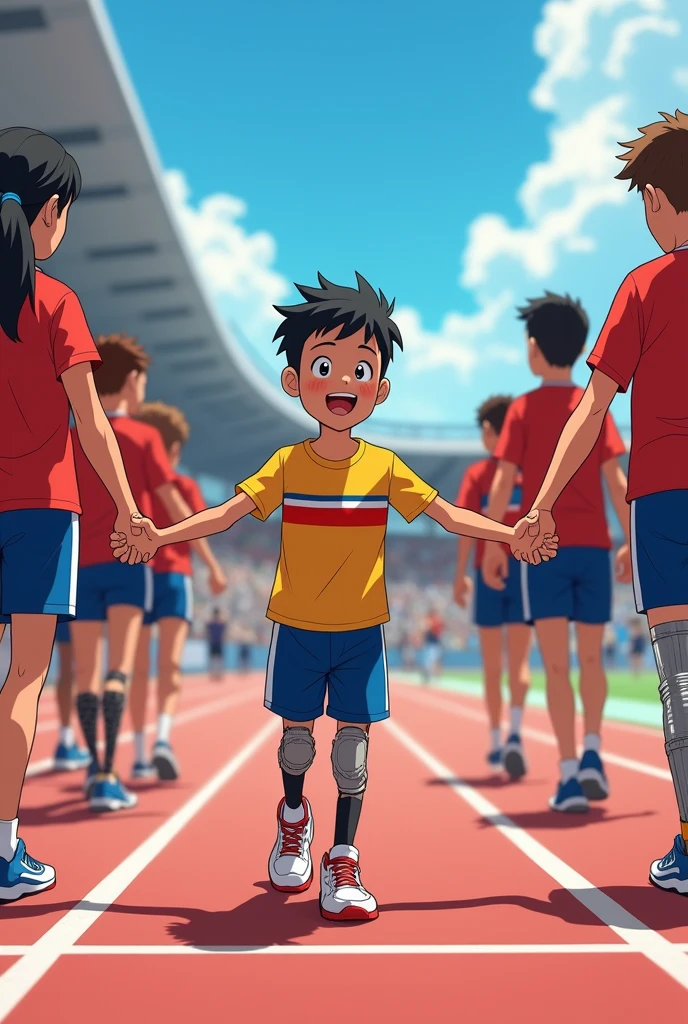 The nine athletes, now united, decide to walk hand in hand toward the finish line instead of racing against each other.The fallen racer, a young boy with short black hair, light brown skin, and a bright smile, is in the center. He’s wearing his yellow t-shirt with a red stripe, blue shorts with white stripes, and white sneakers with red laces. His silver leg braces with blue accents are visible.The athletes walk side by side, their hands linked, moving slowly and proudly together.make anime image .held during special Olympics for diffently abled racers...show all the nine racers