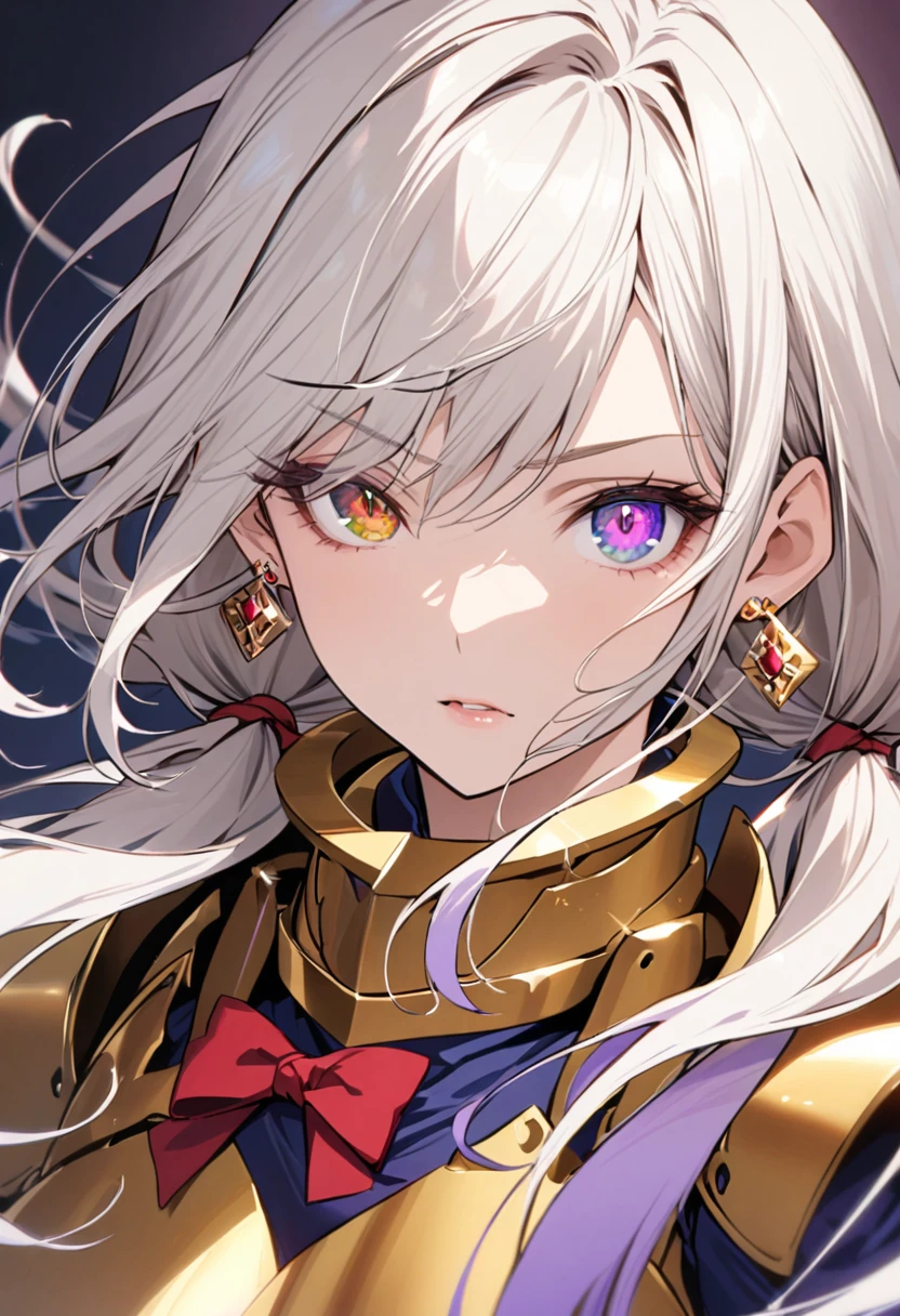 girl, mature, white hair, diamond earings, long hair, low twin tails, red bow on hair, two color eyes,  blue right eye,  purple left eye, adult. front face, golden armor
