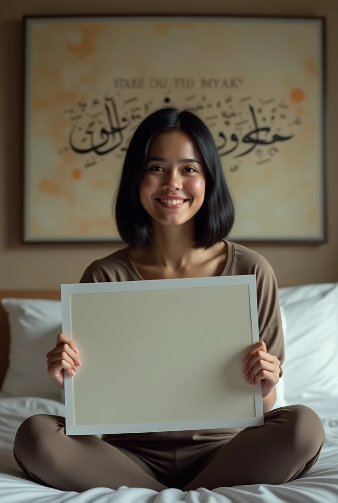 Une femme brune. Les cheveux raides, pas longs, de couleurs noirs. Assise dans une grande chambre d'hôtel, sur un lit de l'hôtel, souriante, la tête droite, le regard droit fixé vers l'avant, portant dans ses mains une grande photo qu'elle montre bien vers l'avant de sorte que la photo qu'elle montre soit un peu décollée de sa poitrine et derrière elle, accroché sur le mur, un tableau avec des écritures en arabe bien lisible.