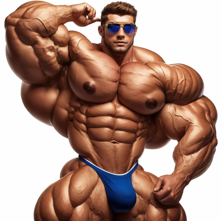 hyper growth, Bulge, hyper muscles, a very handsome young man, sunglasses, shirtless, exaggeratedly muscular, on a white background