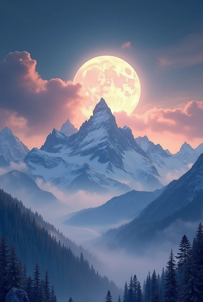 the moon against the backdrop of a beautiful sky in the mountains