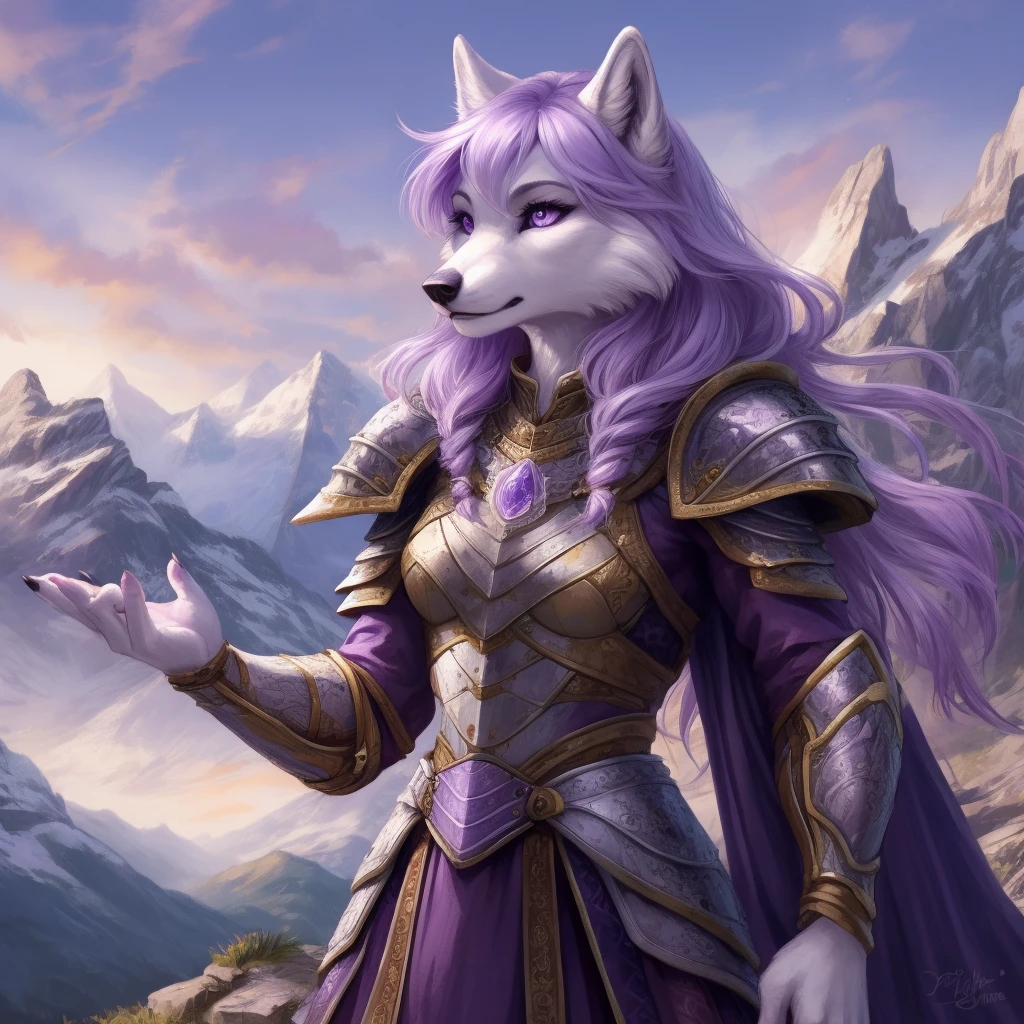 Feminine wolf, light purple hair, white fur, purples eyes, wearing armor, holding an epée, mountains on the background, realisitic