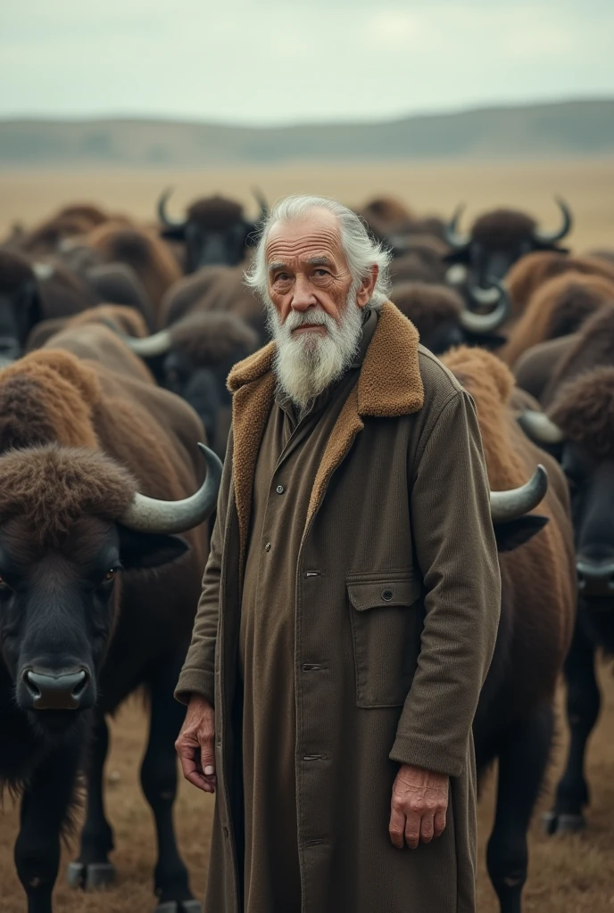 "The herd of buffaloes surrounding the old man, moving together at a slow, steady pace, heading back home as one."