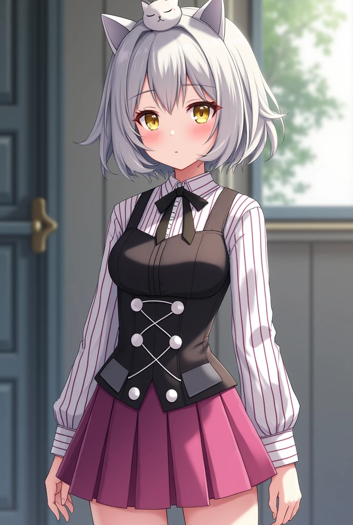 1girl, white hair, short hair, yellow eyes, small breasts, cat hair ornament, sidelocks, grey hair, shiny hair, school uniform, (golden eyes:1.2),(vest-corset on stomach with 2 long triangular extensions over the skirt), white buttons on vest-corset, (stripped shirt with short sleeves under the vest-corset), (the edges of the sleeves are close to the arms), (black colored thick ribbon on neck), (short magenta colored skirt),