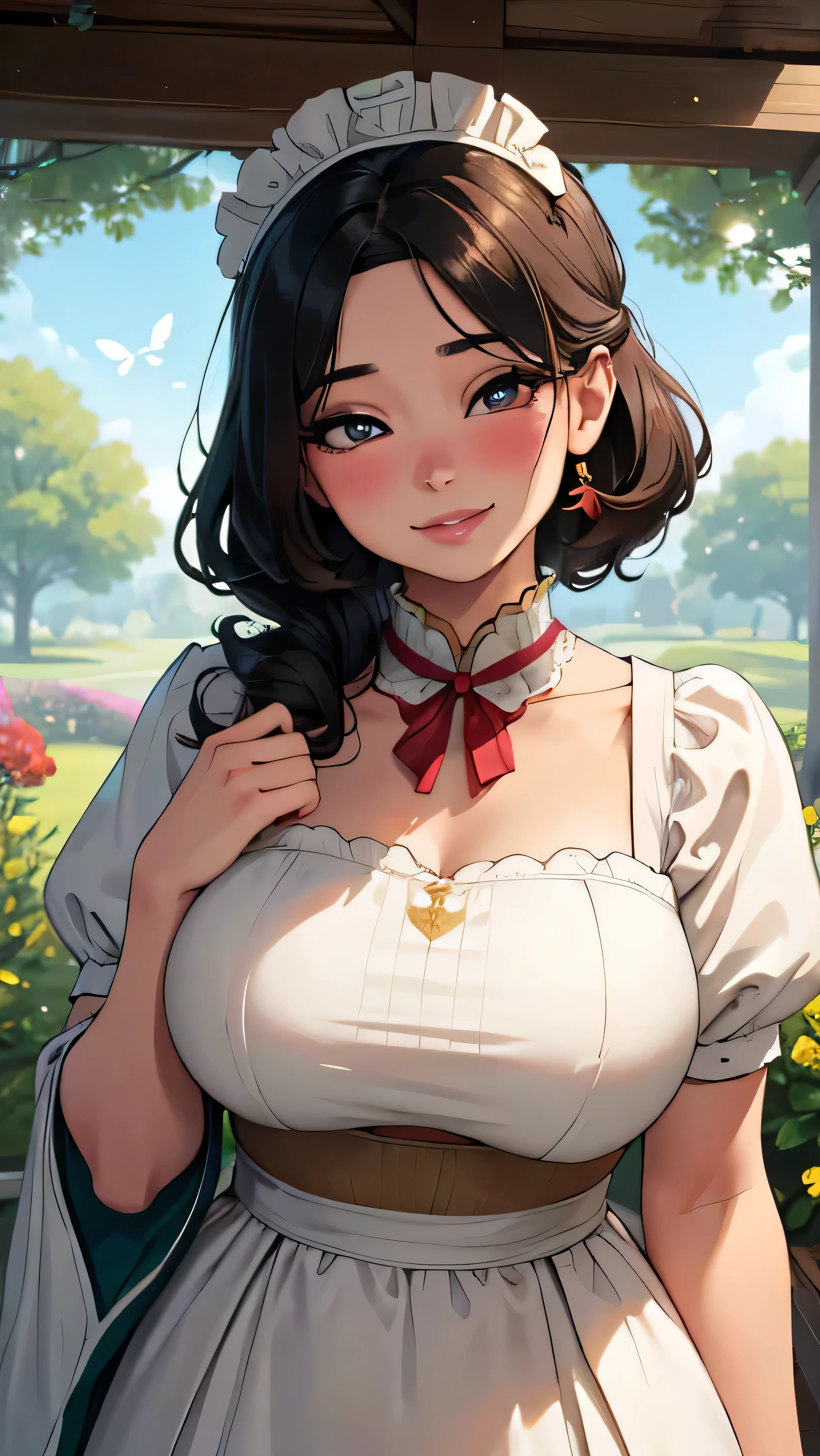 One girl, (Cute Asian Idol:1.1,Big Breasts:1.1,Maid clothes:1.1),Vibrant colors,Realistic lighting,Portraiture,Soft Shadows,masterpiece,High resolution,High resolution,Cute Smile,Detailed eyes,Long eyelashes,Delicate nose,Seductive lips,Rosy Cheeks,Warm and cozy atmosphere,Peaceful garden background,beautiful flower,Butterflies fly,Gentle sunlight,Lovingly raising two adorable children,Playful expressions and laughter,Autumn leaves gently falling from the trees,Blushing,Attention to detail,Perfect composition,Great technique and craftsmanship,Ultra-fine painting,Dreamy and enchanting,Fun and heartwarming.