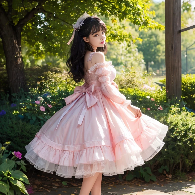 Side view,side angle, Bow tie at the back of the waist, There is a bow on the back,Sideways photo, Skirt length to calf, cupcake dress, Layered skirt with lace on each layer, Put on a ta dress, layered dress, Pink Loliress, lots of lace, Long sleeve, Wide sleeves, Big Skirt, Layered lace skirt, Lace skirt,Puff sleeves, Wide sleeves, Transparent sleeves, intricate details showcase the ruffles and intricate designs of the Lolita d, Wearing a lolita dress a sea of flowers, best quality, Delicate face,beautiful visual work, lifelike, eternity, black hair, Long curly hair, blunt bangs, Smile, Detailed Background, Delicate face,blush,cold,((masterpiece))、(top quality)、8k、high detail、Super detailed,41 years old,woman, masterpiece、born、Scenes resembling fairy tale illustrations、intricate details和複雜的設計、Beautifully、magic、capricious、 Beautifully、Dream aesthetics、「𝓡𝓸𝓶𝓪𝓷𝓽𝓲𝓬、ethereal、charming、fickle、magic」、realism、Visual effects、FXAA、SSAO、Shader、voiceless、ambient lighting、Tone mapping、High resolution、Ultra high quality、Million pixels、(8K resolution:1.10)、8k、8k以下、8K resolution、high detail、intricate details, (high quality:1.2、masterpiece:1.2、:1.21)、(41 years old,woman:1.21)、(興奮地Smile)、(Surrounded by a dreamy atmosphere、Model diagram,full-body shot,Normal 2 feet,Put your hands behind your back,Breast protrusion visible when wearing clothes, Large Breasts, H cup chest, pink dress, Don't show your fingers, full-body shot, full-body shot,full-body shot,full-body shot,full-body shot,full-body shot,full-body shot,full-body shot,Hands hidden in clothes, Hands hidden in clothes,Hands hidden in clothes,Hands hidden in clothes,Hands hidden in clothes,Hands hidden in clothes,Hands hidden in clothes,Hands hidden in clothes,Hands hidden in clothes, ,Hide your hands in your sleeves ,Hide your hands in your sleeves ,Hide your hands in your sleeves ,Hide your hands in your sleeves ,Hide your hands in your sleeves ,Hide your hands in your sleeves ,Hide your hands in your sleeves ,Hide your hands in your sleeves,skirt length to calf, full body photo,full body view,side view