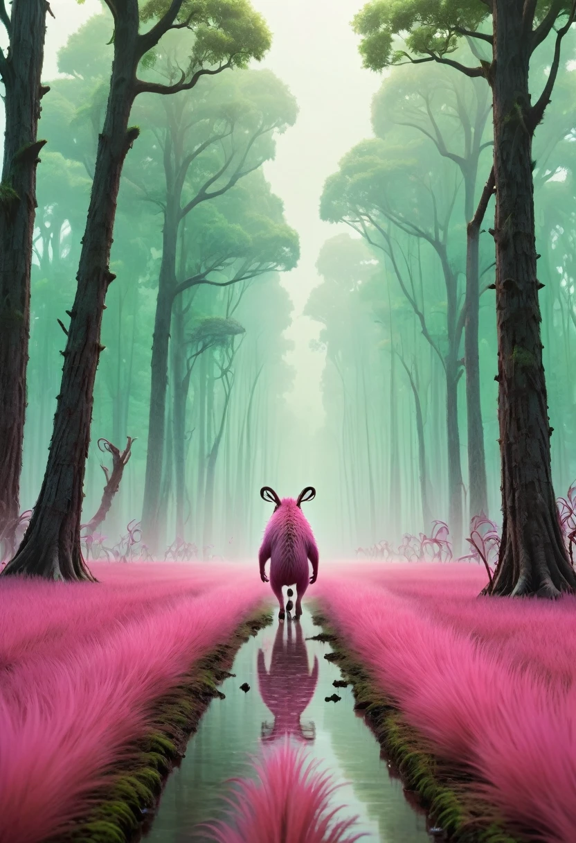 A pink haze obscures the horizon, green trees line up in rows in the distance, a sparse growth, A giant six-legged monster, walks across the shimmering swamp and catches running ground squirrels