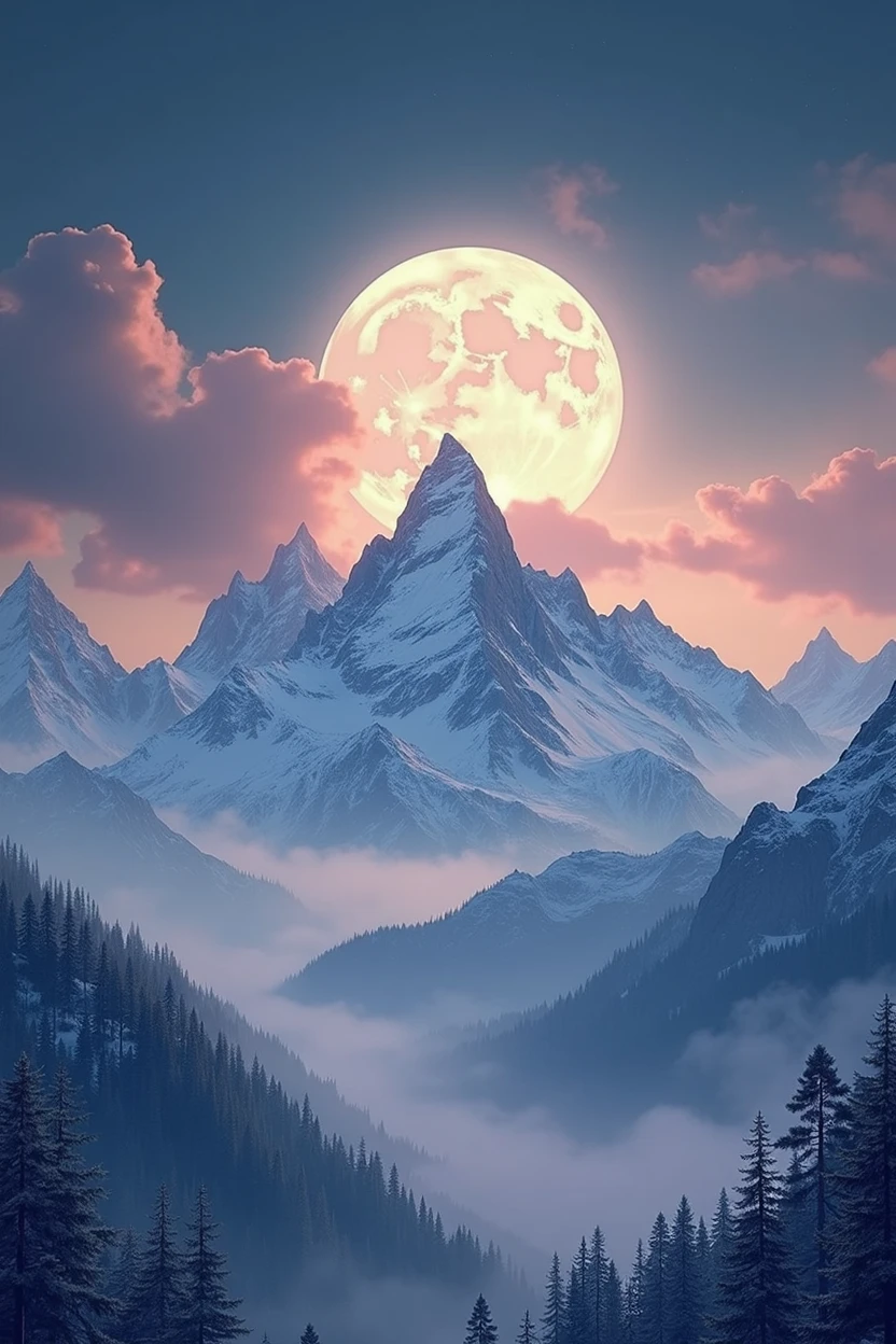 the moon against the backdrop of a beautiful sky in the mountains