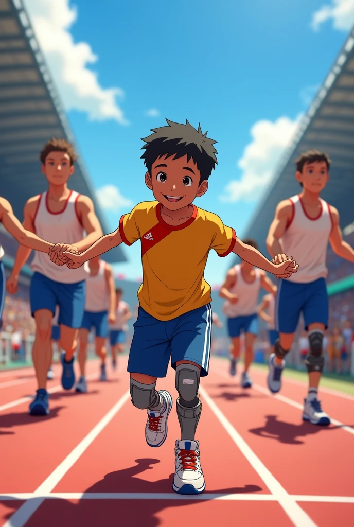 The nine athletes, now united, decide to walk hand in hand toward the finish line instead of racing against each other.The fallen racer, a young boy with short black hair, light brown skin, and a bright smile, is in the center. He’s wearing his yellow t-shirt with a red stripe, blue shorts with white stripes, and white sneakers with red laces. His silver leg braces with blue accents are visible.The athletes walk side by side, their hands linked, moving slowly and proudly together.make anime image .held during special Olympics for diffently abled racers...show all the nine racers walking together 