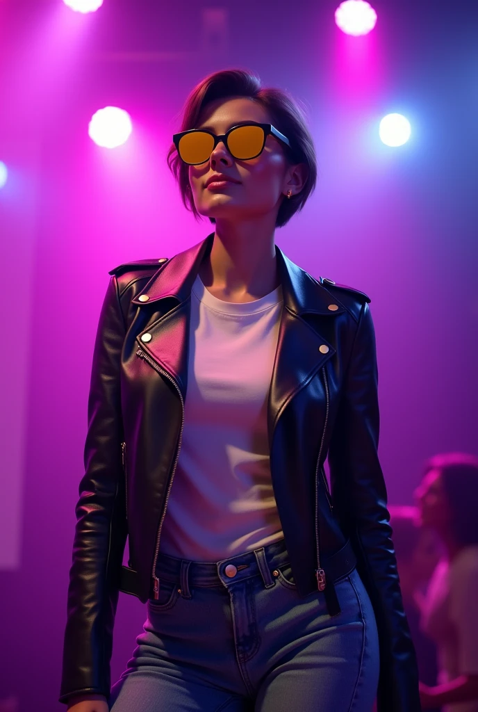 Beautiful woman short hair wearing yellow sunglasses, leather jacket , white t-shirt and jeans, singing on the stage, purple spotlight on the background, karaoke party atmosphere