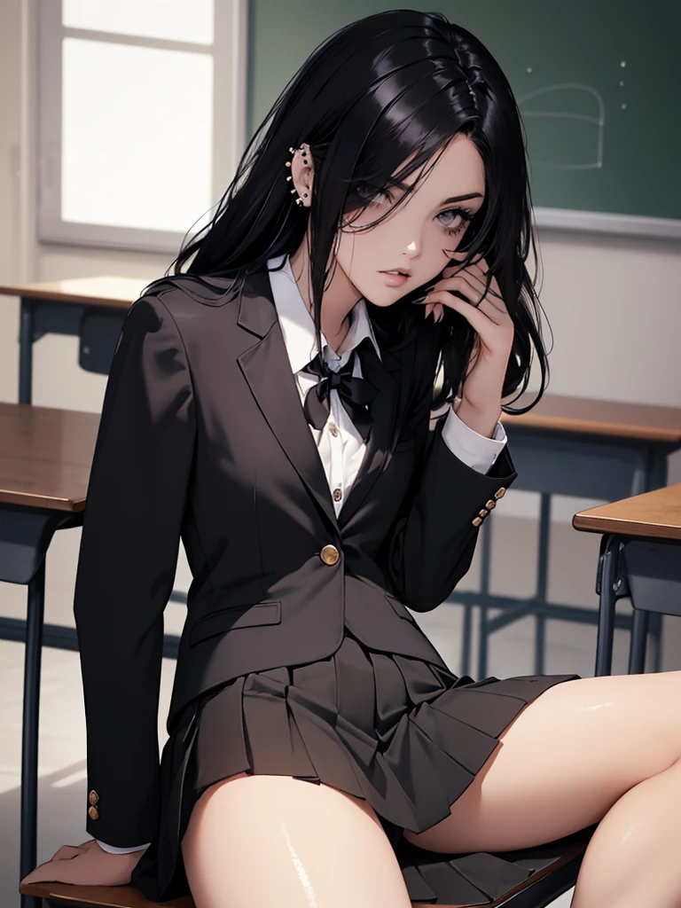 (best quality: 1.2), clean face, (masterpiece: 1.2, 8k) perfect anatomy, 1 girl) a beautiful fashion model ,(masterpiece, official art, best quality shiny hair, straight black hair with streaks in hair, full lips, small breasts, blazer school uniform, short skirt, thong straps, (dark makeup, piercings), shiny breasts, shiny skin, looking at viewer, college student, horizontal, lounging, a single girl, scene haircut, dark makeup, dark eyes, (slender, skinny, slight frame, small breasts), ((emo, scene girl)), classroom, hair over one eye