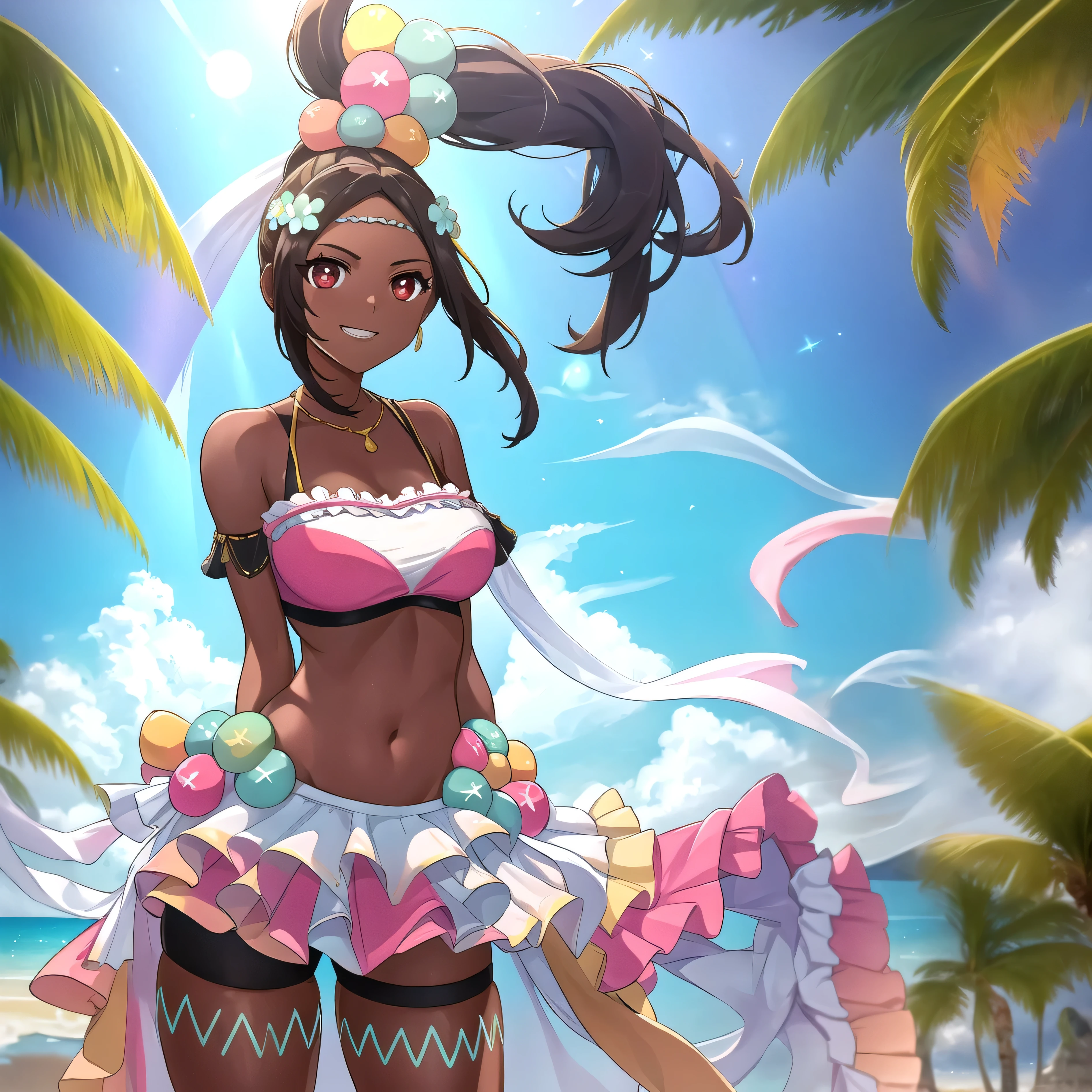 masterpiece:1.2, best quality, (ultra detailed), (highly detailed:1.2), cowboy shot, lora:timerra-v3-10:0.75, 1girl, ((solo)), smug grin, bike shorts, red eyes, naked, no visible clothes, navel, multicolored frilled skirt, dark-skinned female, long hair, ponytail, hair ornament, flower hairband, beach background, standing, large breasts, visible breasts, hands behind back,