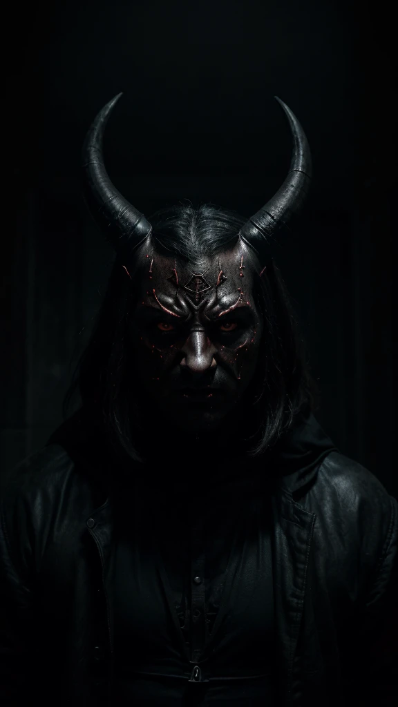 a mysterious adventurer wearing a devil mask, detailed facial features, intense gaze, horns, dark fantasy, moody lighting, dramatic shadows, cinematic composition, digital art, 8k, hyper detailed, photorealistic, dramatic atmosphere, dark and gritty, supernatural, occult, mystical, intense colors, deep shadows, strong contrast