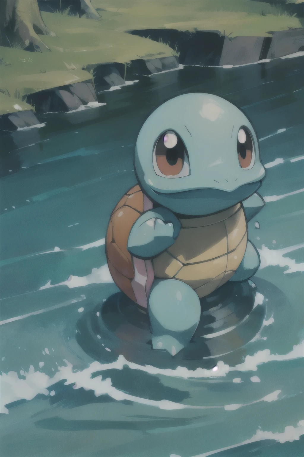 Squirtle_Pokemon, near the lake, Grass, Detailed Background, Hidemancer, water, Wave, waterしぶき