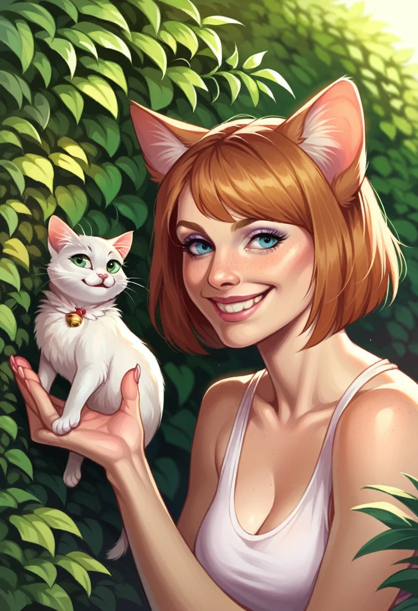 Highest quality,8k, masterpiece, (Realistic:1.2), (With one person, Cat:1.2), (smile:1.3), (garden),