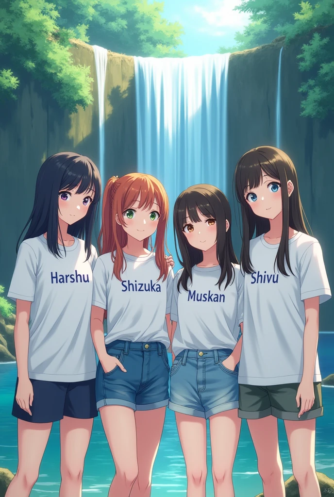 4 girls talking with each other wearing blue shirt and design on their shirt is their names one girl name is MUSKAN another one name is HARSHU and another one name is SHIVUU and last one name is SHIZUKA