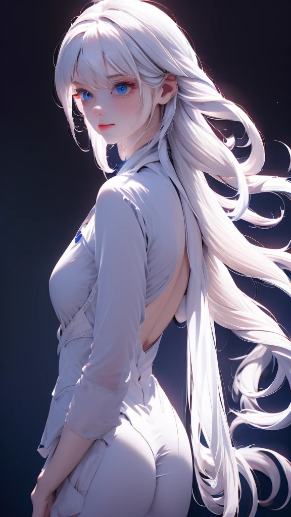 1 girl, medium light white hair, light blue eyes, wearing Black suit 4D , night city, absurdres , high res, ultrasharp, 8K, masterpiece, looking from behind