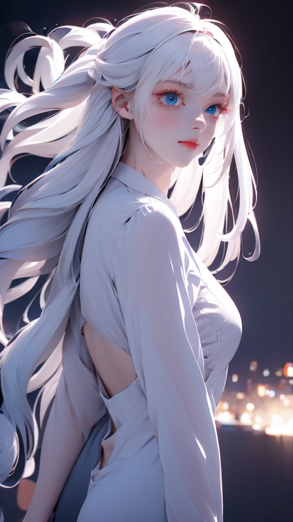 1 girl, medium light white hair, light blue eyes, wearing Black suit 4D , night city, absurdres , high res, ultrasharp, 8K, masterpiece, looking from behind