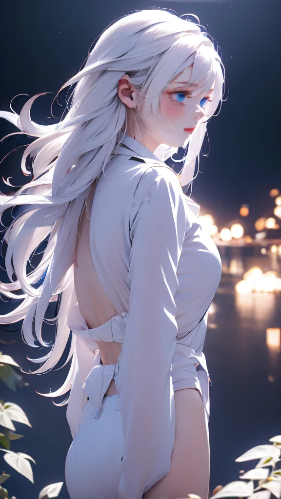 1 girl, medium light white hair, light blue eyes, wearing Black suit 4D , night city, absurdres , high res, ultrasharp, 8K, masterpiece, looking from behind
