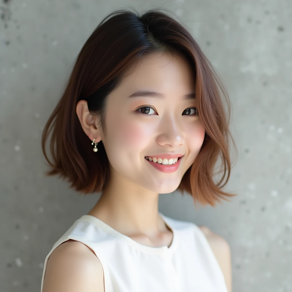 Natural Makeup、Beautiful woman、Japanese、Brown hair color、The tip is tapered.、Earrings、White sleeveless blouse、Body slanted camera angle、smile、Thready hair、Simple concrete background、Cute and beautiful person、Graduated bob、Mode-style atmosphere、Inner Roll