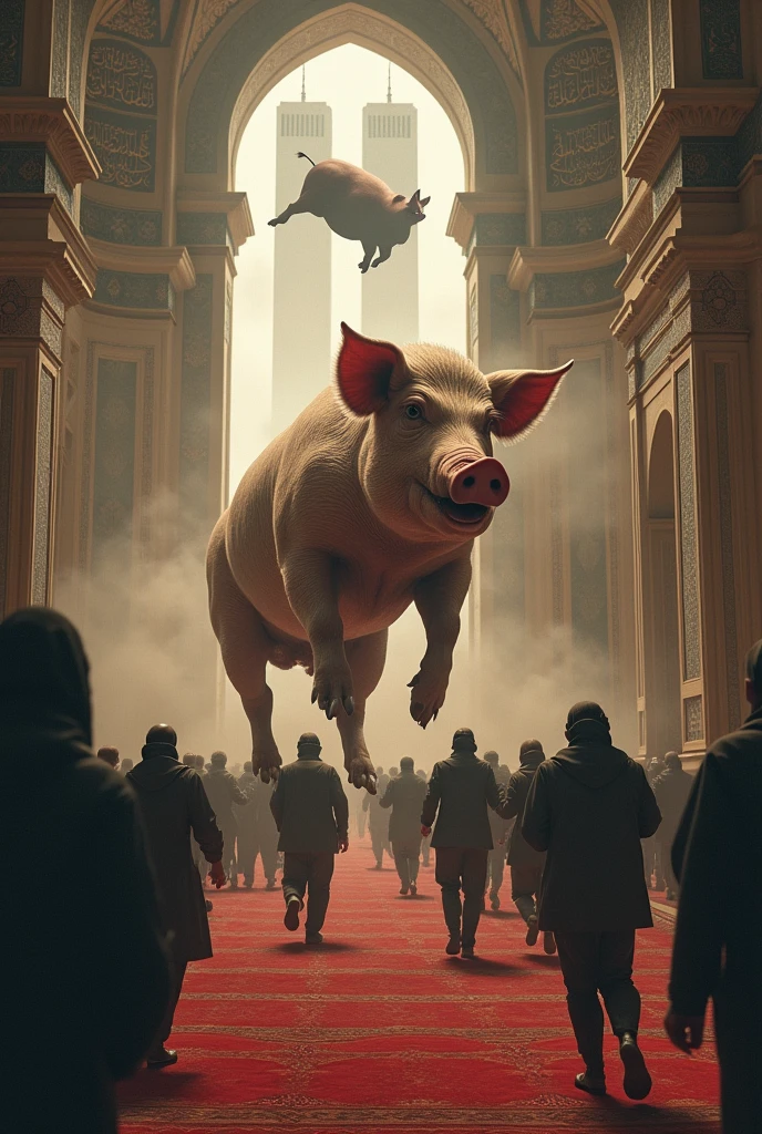 A pig invade mosque and Muslims run away There was and Flying pig crashed into the twin towers.