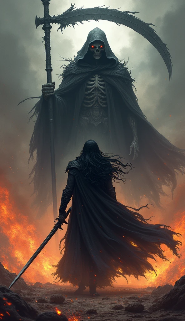 In a dramatic scene, Vortex stands tall in the foreground, his long black hair flowing and his pale complexion contrasting with the fiery battlefield. He holds his black sword in concentration, its blade pointing skyward and glowing with the dark energy of his Shadow Eclipse ability. Vortex is poised in a dynamic stance, ready to unleash his power. Behind him, the background shifts to reveal the Grim Reaper, towering out of the shadows. Clad in a tattered black robe, he towers ominously with his skeletal face partially hidden by a shadowy hood. His glowing eyes and gigantic scythe add an eerie, ghostly presence to the scene. The contrast between Vortex's dark, swirling magic and the Grim Reaper's menacing, ghostly appearance emphasizes the clash of dark and supernatural forces, creating a dramatic and tense atmosphere.