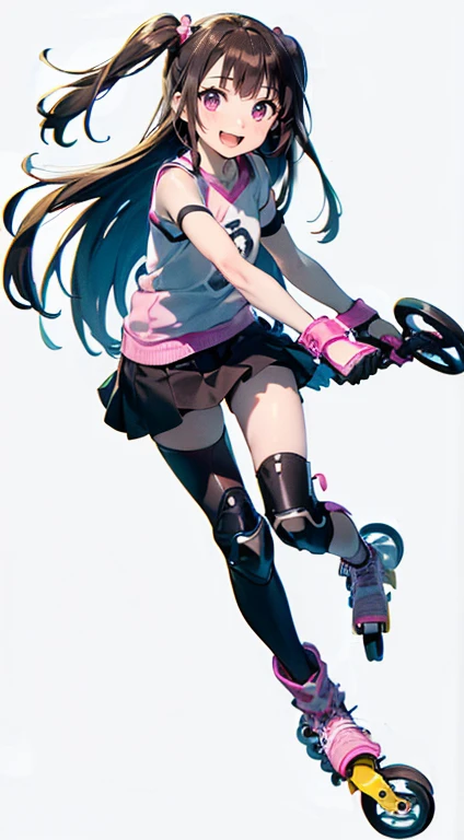 Highest quality、middle School girls、((Dark brown long hair、Two Side Up))、(((High resolution、Pink four-wheeled rollerblades、Knee and elbow protectors)))、Knee-length skirt、smile、Cheerful pose、Round droopy eyes