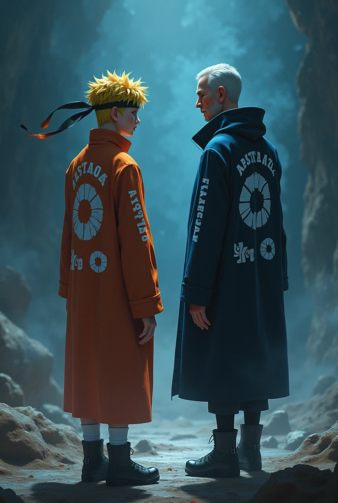 anime naruto and his master wearing a green clothe writen ABSTRACT and ETHEREUM boldly at night