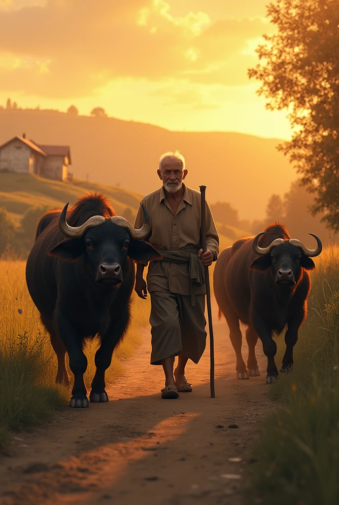 "The old man smiling softly, despite his weariness, walking home with his buffaloes, who have become more than just animals to him, guardians in the twilight of his life."