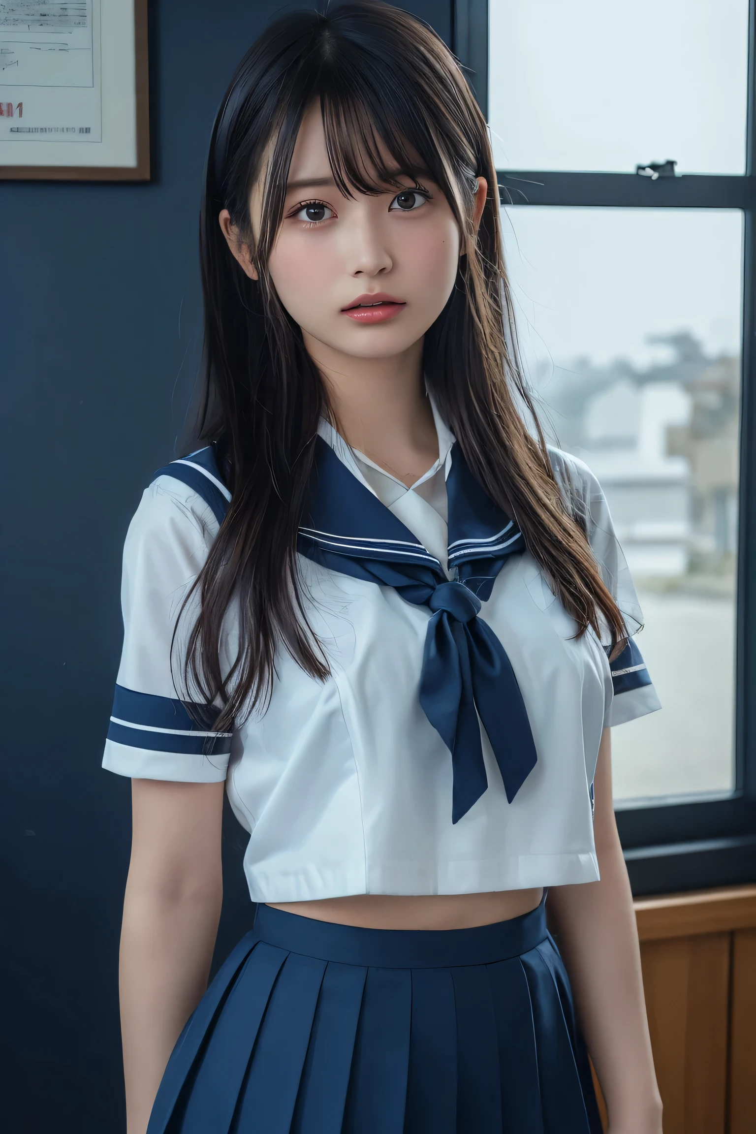 (Highest quality:1.4),(masterpiece:1.4),(Realistic:1.4),(Realistic:1.2),(超High resolution, RAWphotograph:1.4),(High resolution, Very detailed:1.2),(8k:1.2),photograph,黒髪のphotograph,One Girl,alone,tits,Nipples,naked,((school uniform, Sailor suit, Navy blue and white Japanese style, Thin ribbon and pleated skirt)),((Big Breasts)),((Upper Body:1.3))
