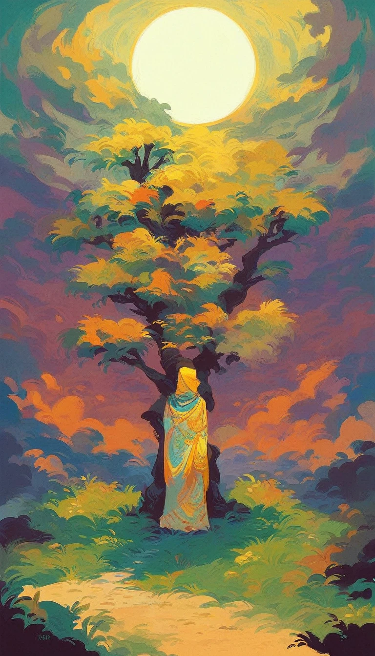 Create a realistic image with full resolution 8k cinematic quality of a beautiful, sunny day in a serene landscape. A large, ancient tree with lush golden-yellow leaves stands at the center of the image, with a winding stone path leading towards it. The sky is a clear, bright blue with a large, vibrant yellow sun in the background, occupying the same position and size as the moon in the reference image. Walking along the path towards the tree is Jesus, dressed in simple robes, with a serene and calm expression. The surrounding area is filled with vibrant green grass and colorful wildflowers, with soft sunlight casting gentle shadows. The overall atmosphere is peaceful and warm, with the natural elements complementing the golden tree, creating a harmonious composition.