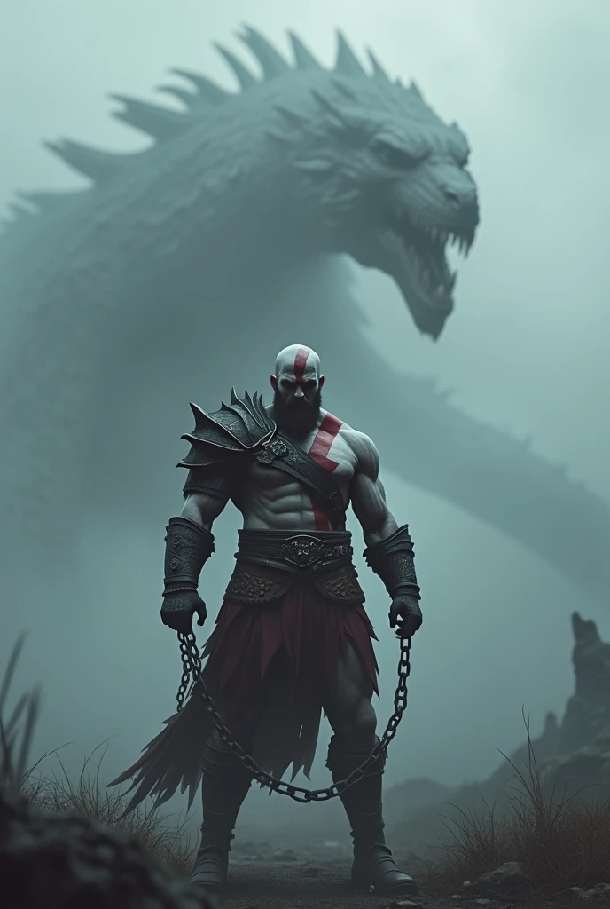 A 9:The 16th horizontal panel where Kratos stands chained in a thick mist, ready to fight the dragon..